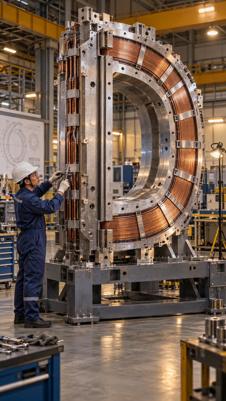 大型のD字型磁石を測定する技術者のAI生成イメージ