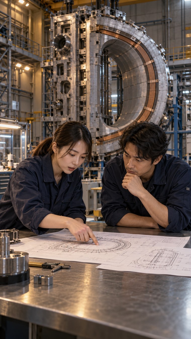 設計図を囲んで話し合う技術者たちのAI生成イメージ