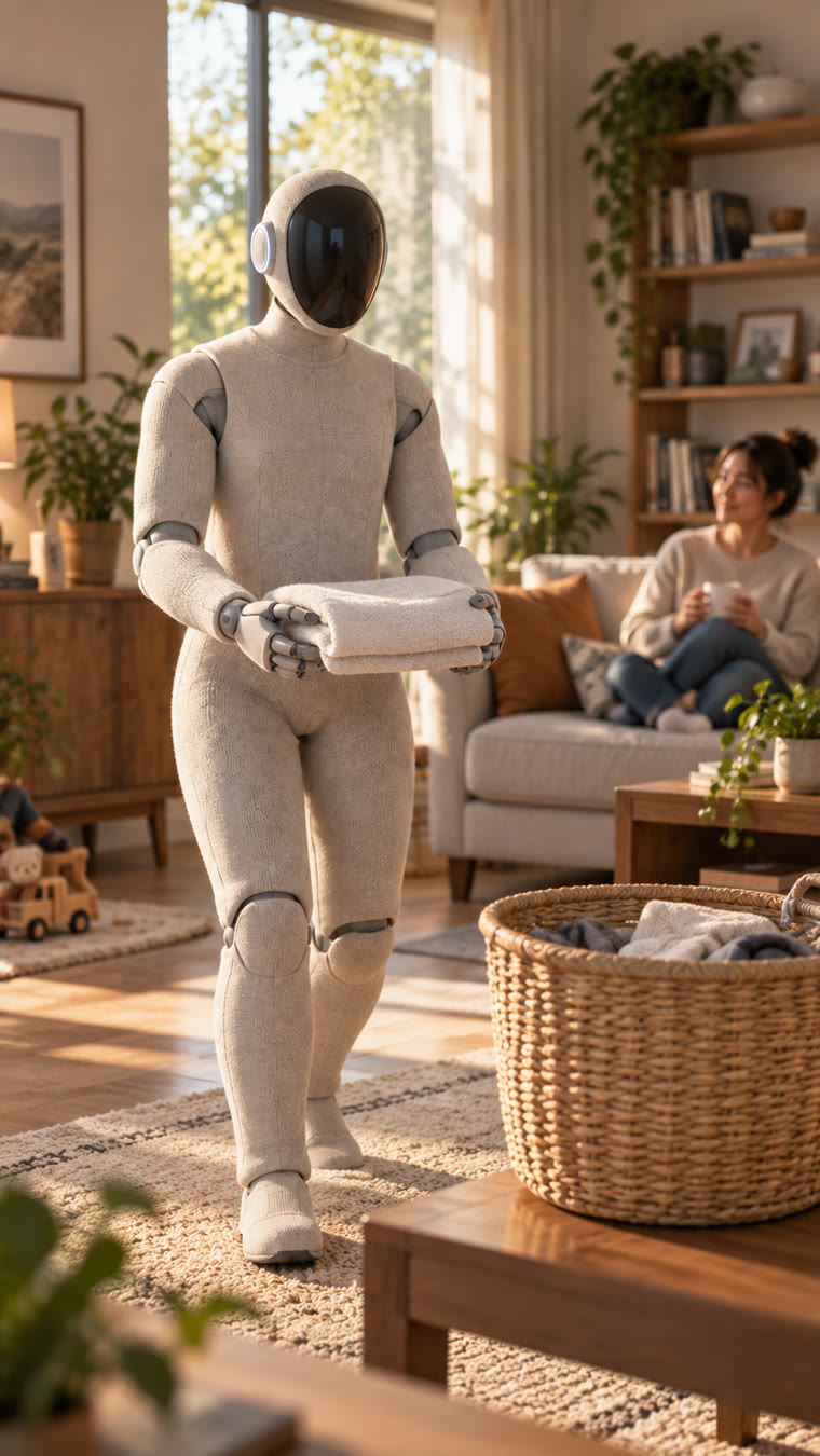 家で洗濯物を運ぶ人型ロボットを描いたAI生成の説明用イメージ