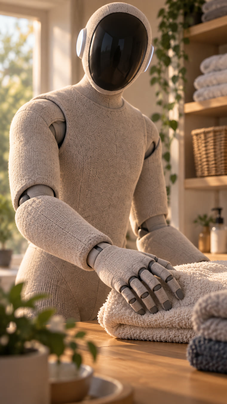 柔らかい布で覆われた人型ロボットの腕と手を描いたAI生成イメージ