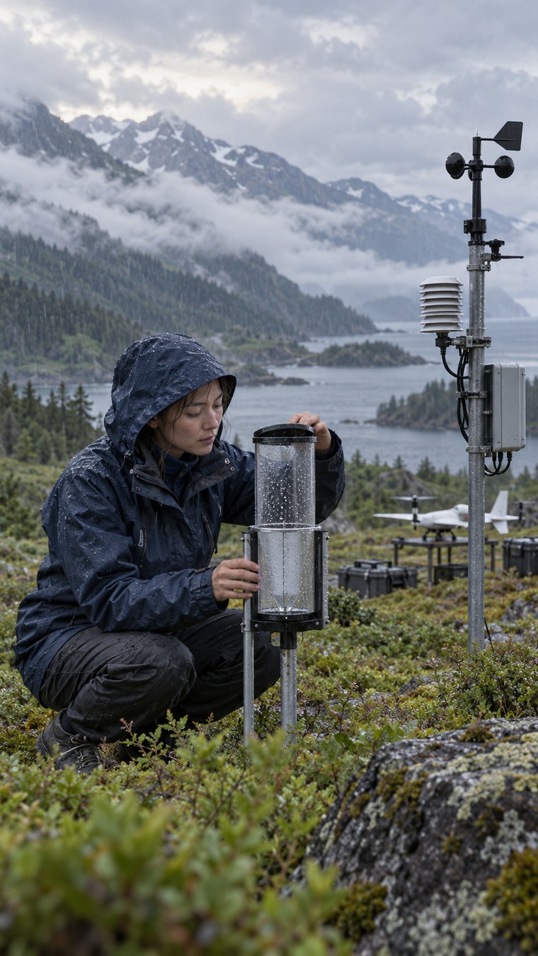 雨の中で観測機器を確認する研究者を描いたAI生成イメージ