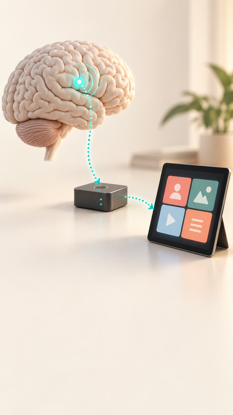 脳の信号を外部機器を経由してタブレットへ送る流れを示したAI生成の概念図
