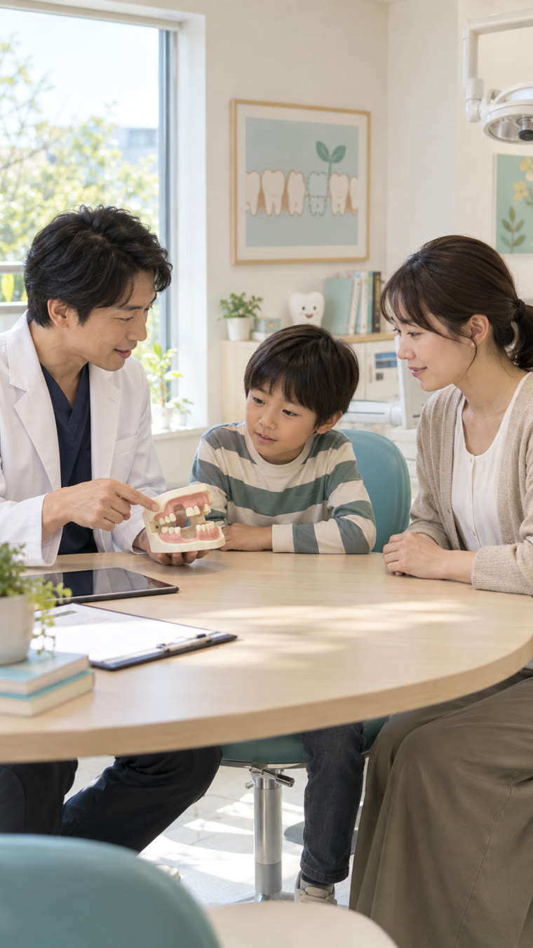 親子に歯の模型を使って説明する歯科医師を描いたAI生成イメージ