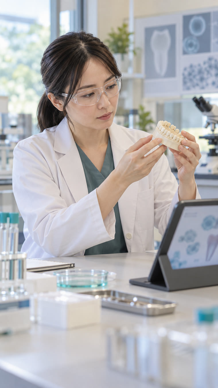歯の模型を調べる研究者を描いたAI生成の説明用イメージ