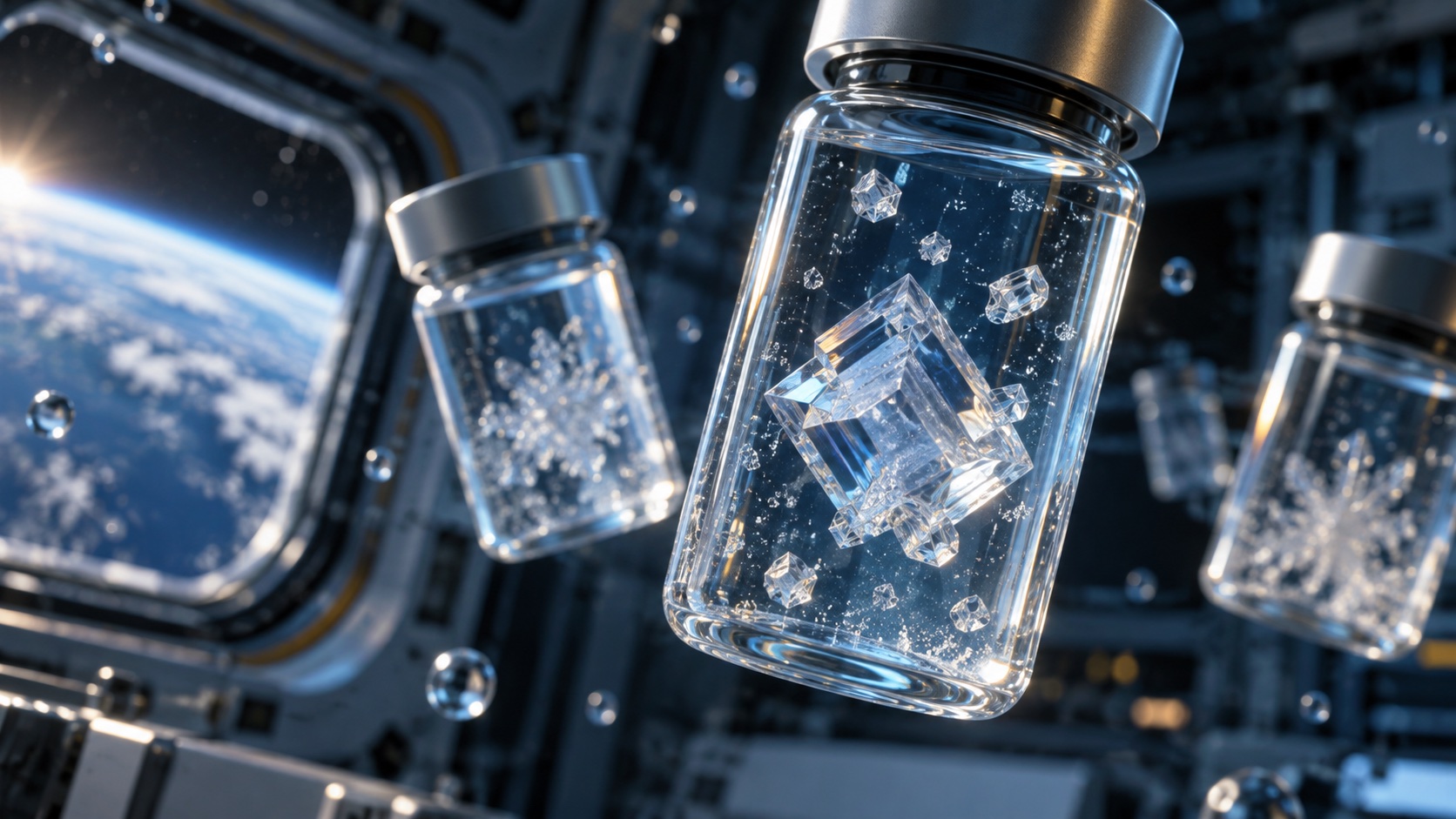 微小重力の環境で医薬品の成分が結晶になる過程を表した概念イメージ