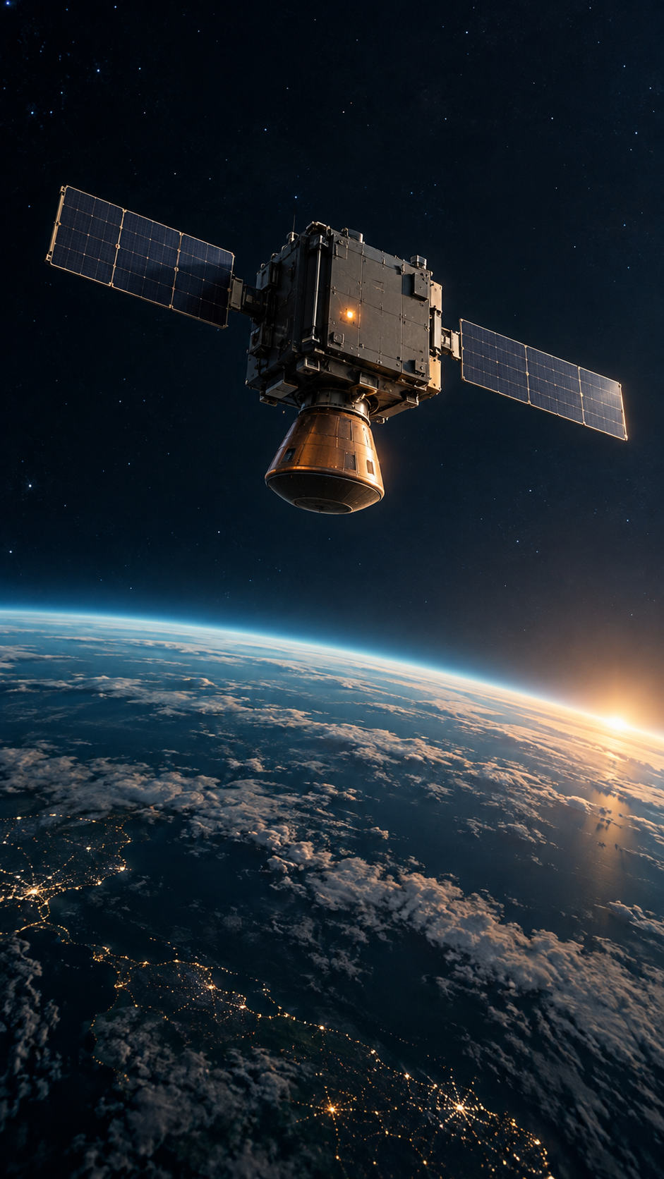 地球上空を飛ぶ小型宇宙工場のAI生成イメージ